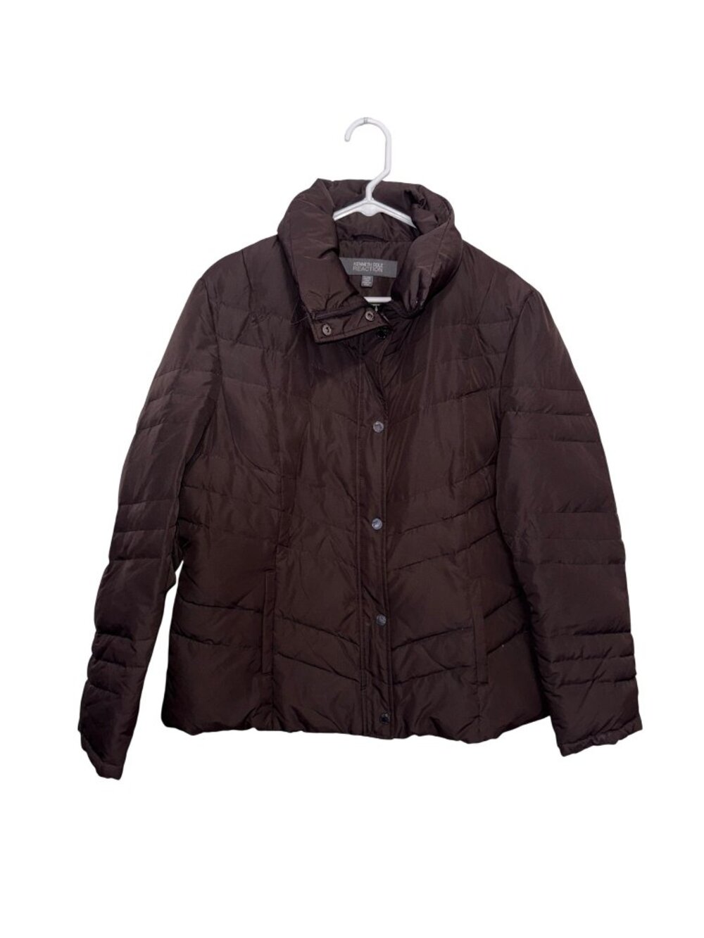 Kenneth Cole Reaction Womens Brown Puffer Jacket Size XL With Zipper & Snap Clos